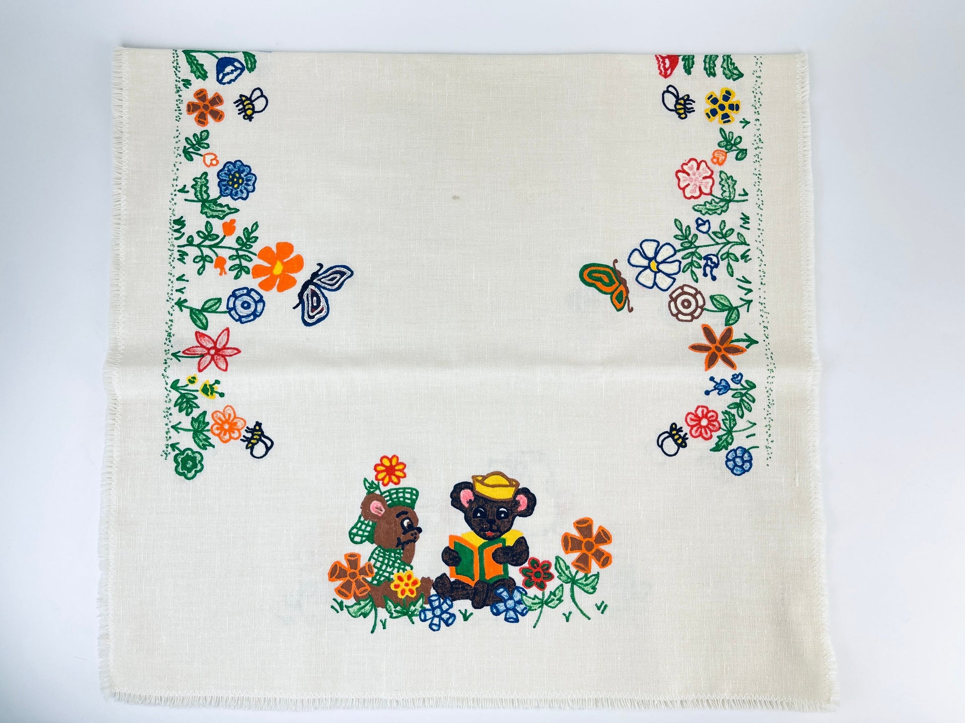 Product image for 'vintage hand painted beige floral animal print linen table runner centrepiece fringe edge' (view 8b90eb)