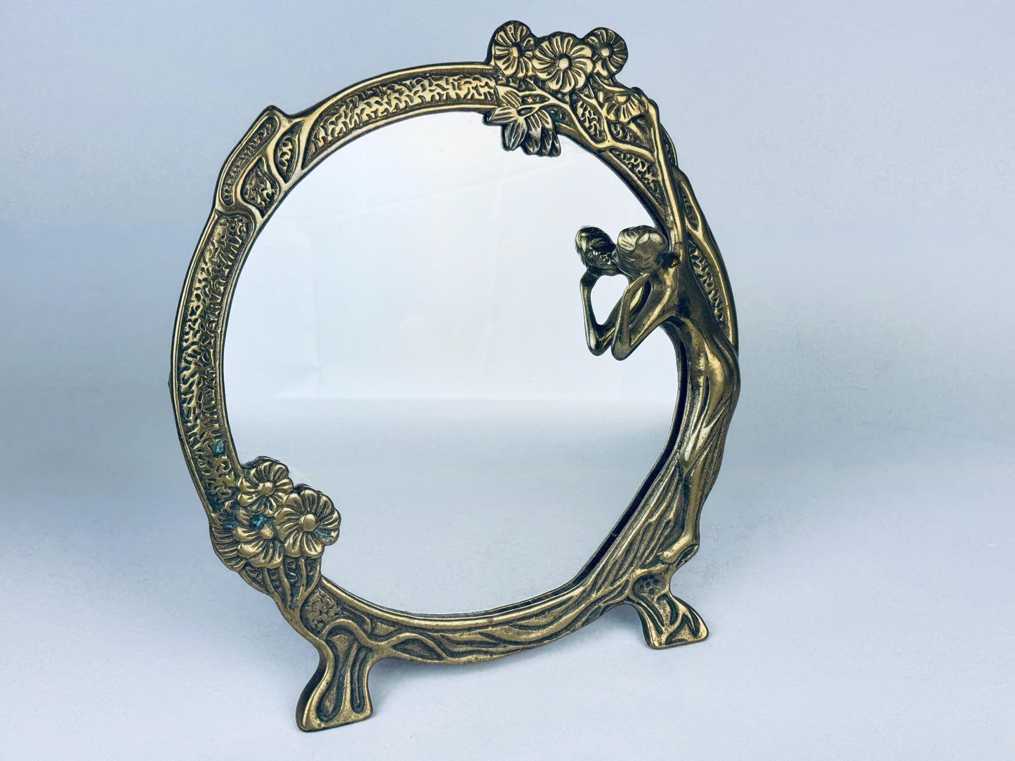 Product image for 'vintage art nouveau round brass tabletop mirror wood nymph maiden woman by the lake' (view 2e2115)