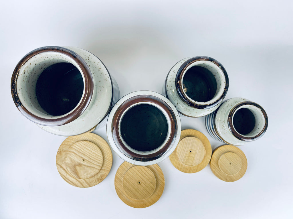 Product image for 'vintage striped grey speckle stoneware countertop canister set set of four 4 made in japan' (view 778611)