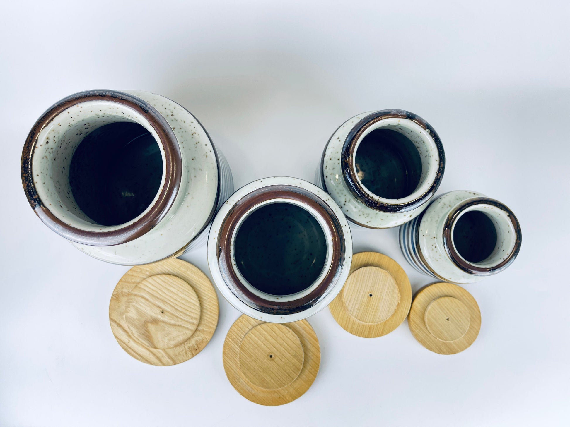 Product image for 'vintage striped grey speckle stoneware countertop canister set set of four 4 made in japan' (view 778611)