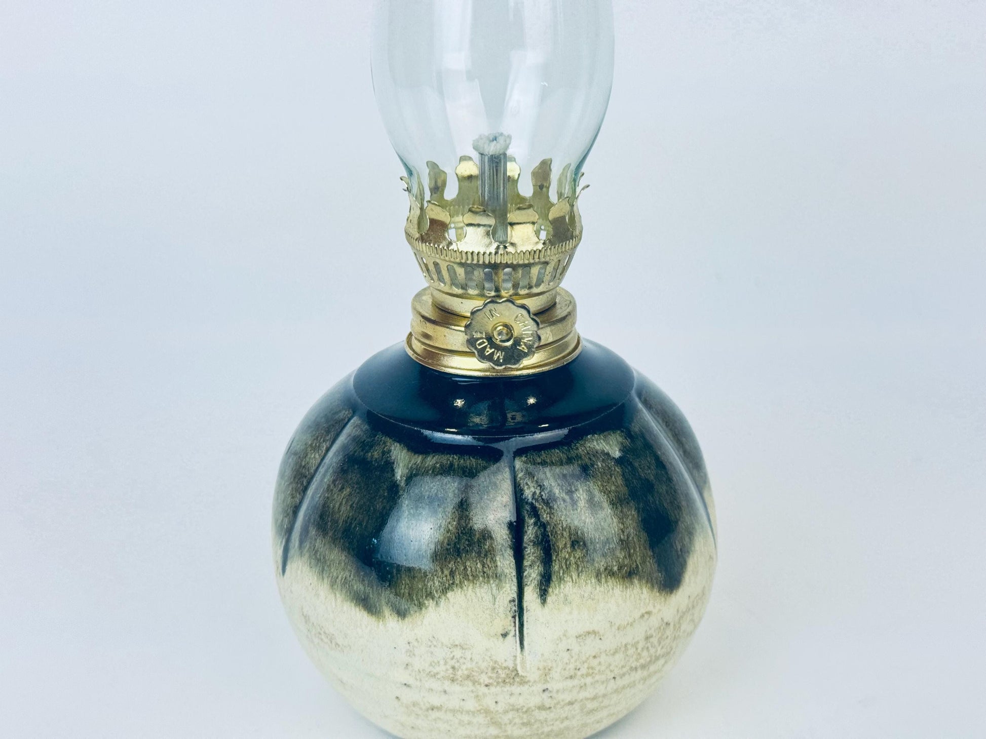 Product image for 'vintage small round stoneware hurricane chamber oil lamp made in canada' (view cb8052)