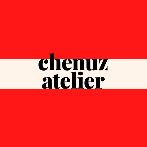 Red background with 'chenuz atelier' text in the center