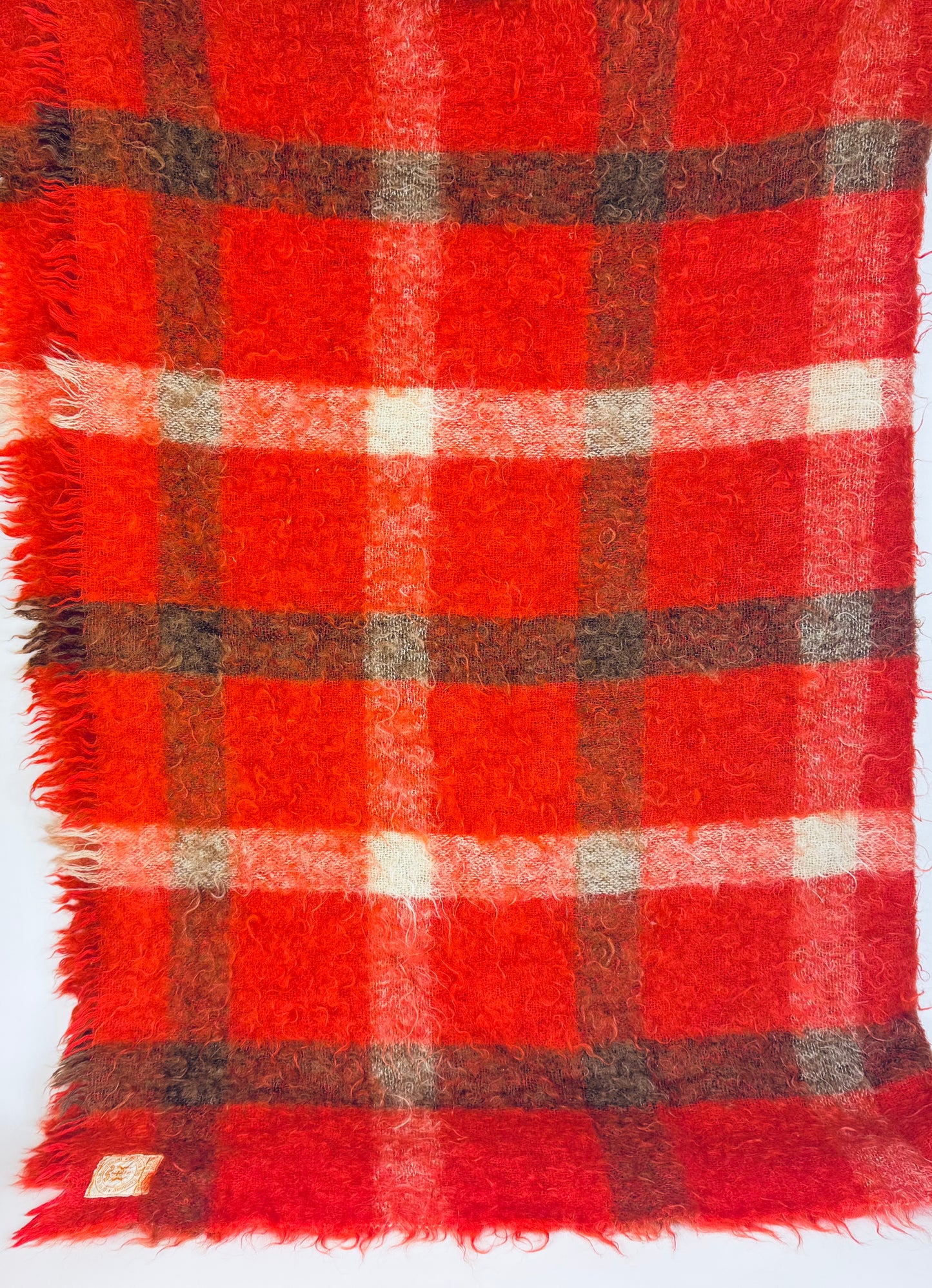 Vintage Hudson's Bay Company (HBC) Mohair/Wool Plaid Fringe Throw - Red + Brown Plaid Pattern - Made In Scotland