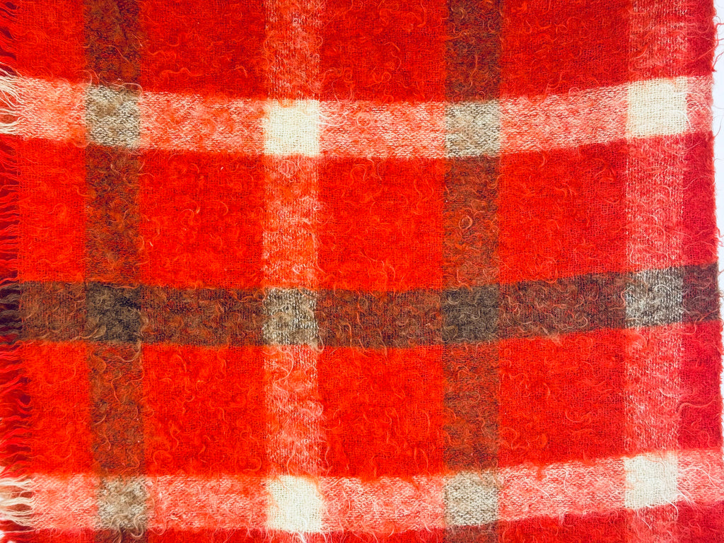 Vintage Hudson's Bay Company (HBC) Mohair/Wool Plaid Fringe Throw - Red + Brown Plaid Pattern - Made In Scotland