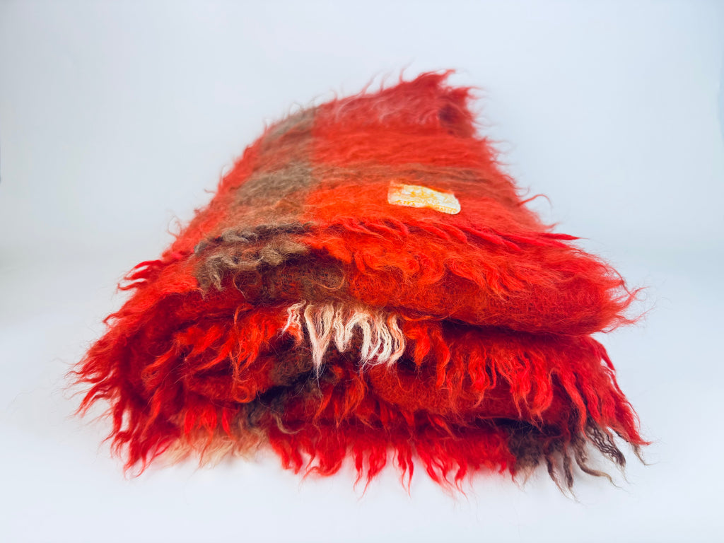 Vintage Hudson's Bay Company (HBC) Mohair/Wool Plaid Fringe Throw - Red + Brown Plaid Pattern - Made In Scotland