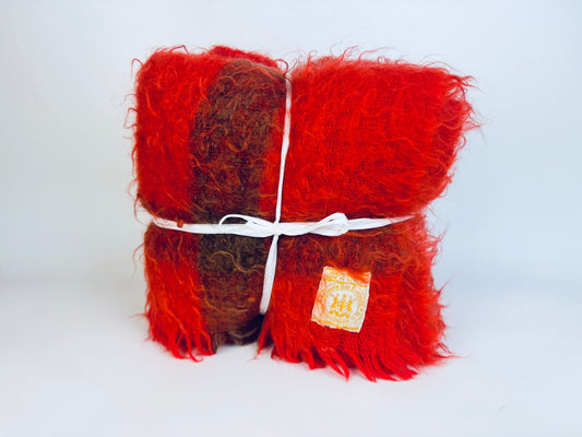 Vintage Hudson's Bay Company (HBC) Mohair/Wool Plaid Fringe Throw - Red + Brown Plaid Pattern - Made In Scotland