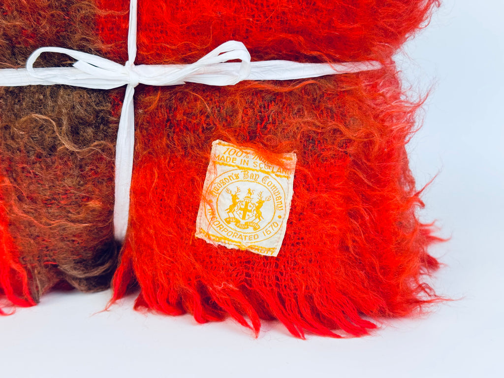 Vintage Hudson's Bay Company (HBC) Mohair/Wool Plaid Fringe Throw - Red + Brown Plaid Pattern - Made In Scotland