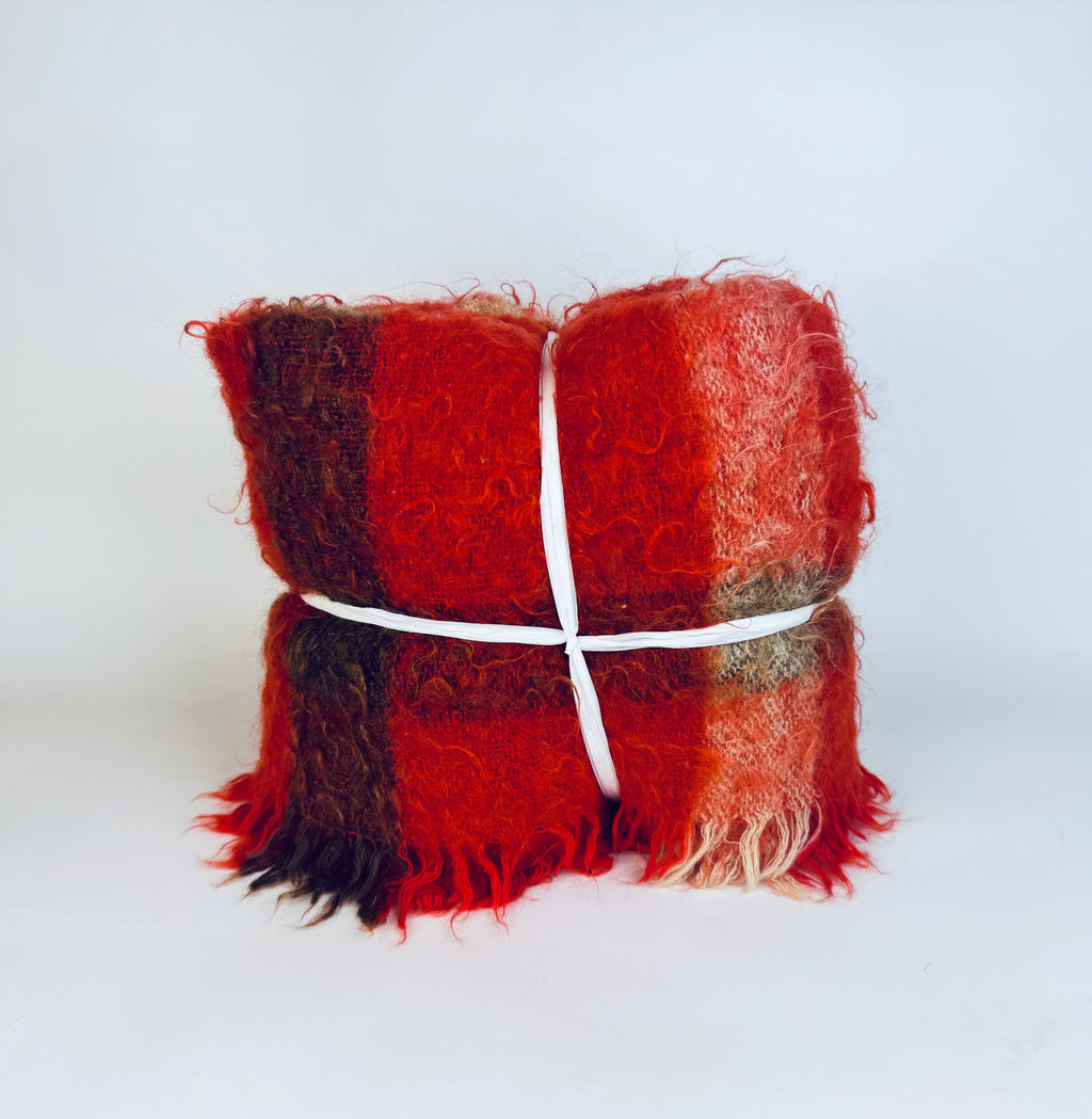 Vintage Hudson's Bay Company (HBC) Mohair/Wool Plaid Fringe Throw - Red + Brown Plaid Pattern - Made In Scotland