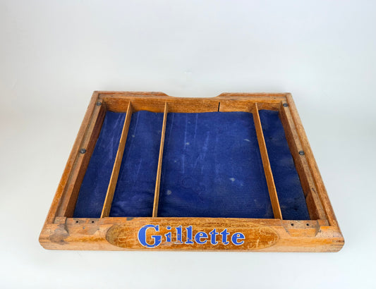 Vintage 1950s Blue Logo Gillette Wooden Display Tray - Advertising Store Counter Decor - Blue Crushed Velvet Liner
