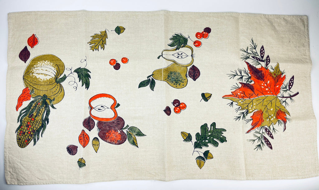 Product image for 'vintage 1950s autumn harvest linen tea towel fruits vegetables design' (view 1c6180)