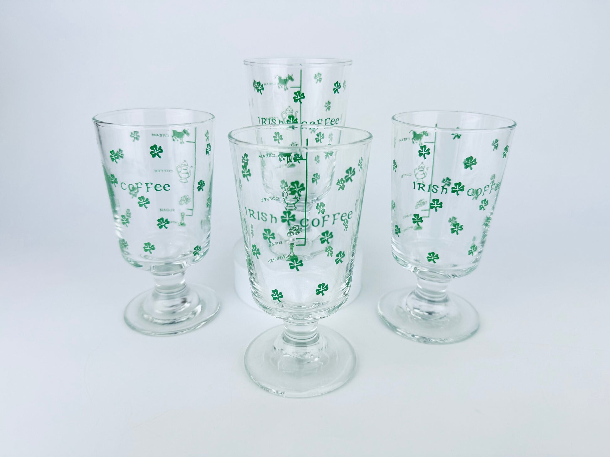 Product image for 'vintage irish coffee green shamrock pedestal glasses goblets set of four 4' (view 7a7509)
