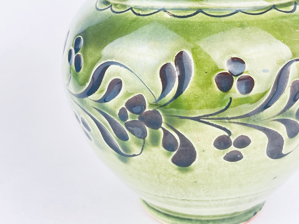 Product image for 'vintage hungarian folk green terracotta jug ruffled pour spout honeysuckle pattern' (view b661ac)