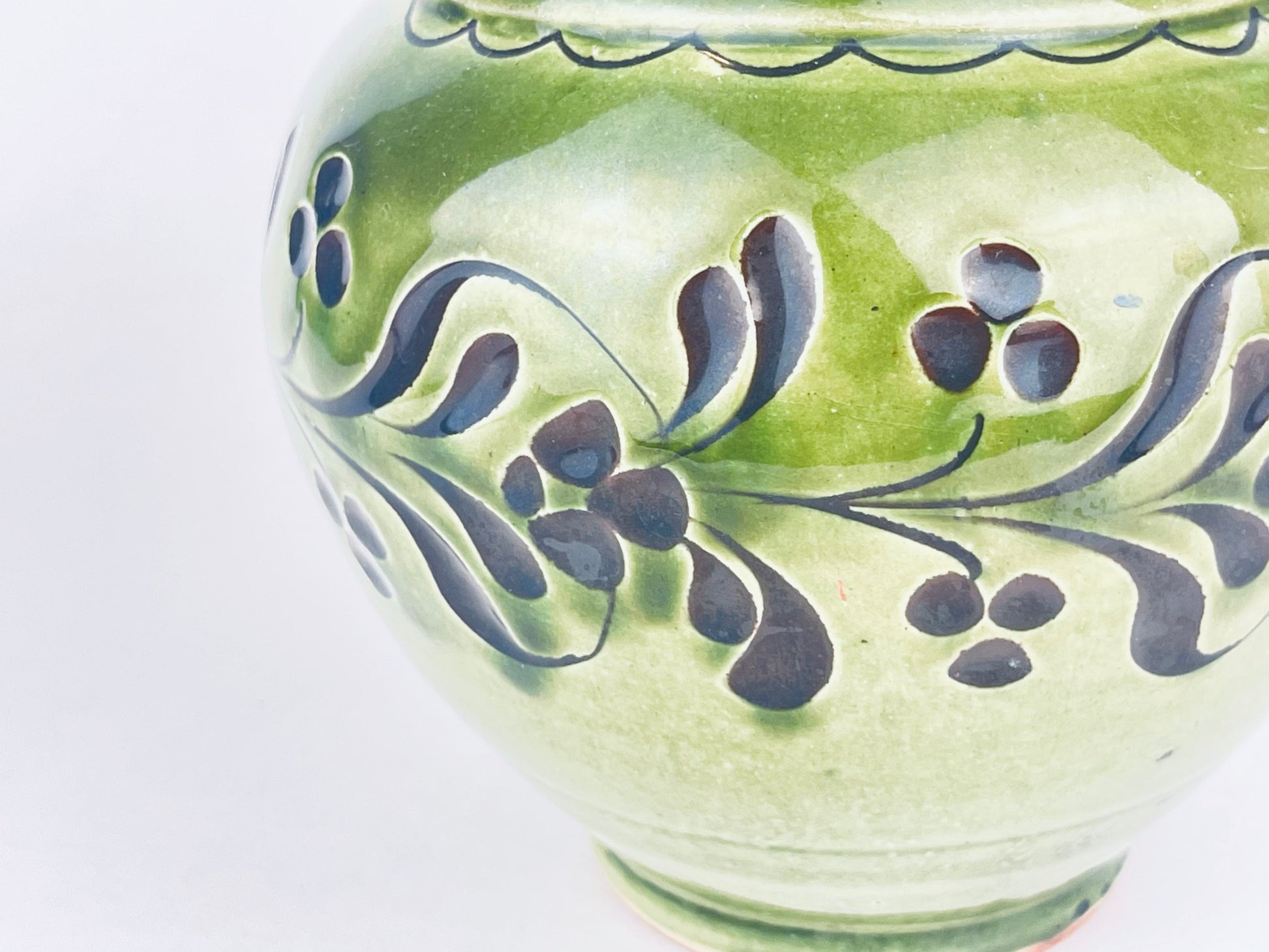 Product image for 'vintage hungarian folk green terracotta jug ruffled pour spout honeysuckle pattern' (view b661ac)