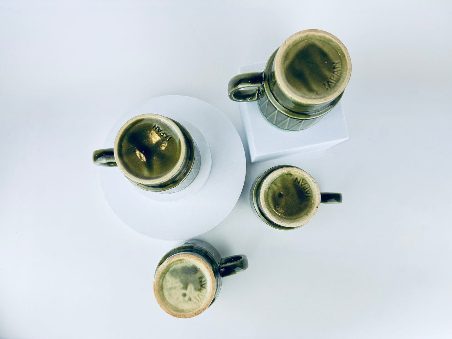 Product image for 'vintage green beige geometric drip glazed ceramic coffee tea mugs set of four 4 sets sold separately made in japan' (view cf1493)