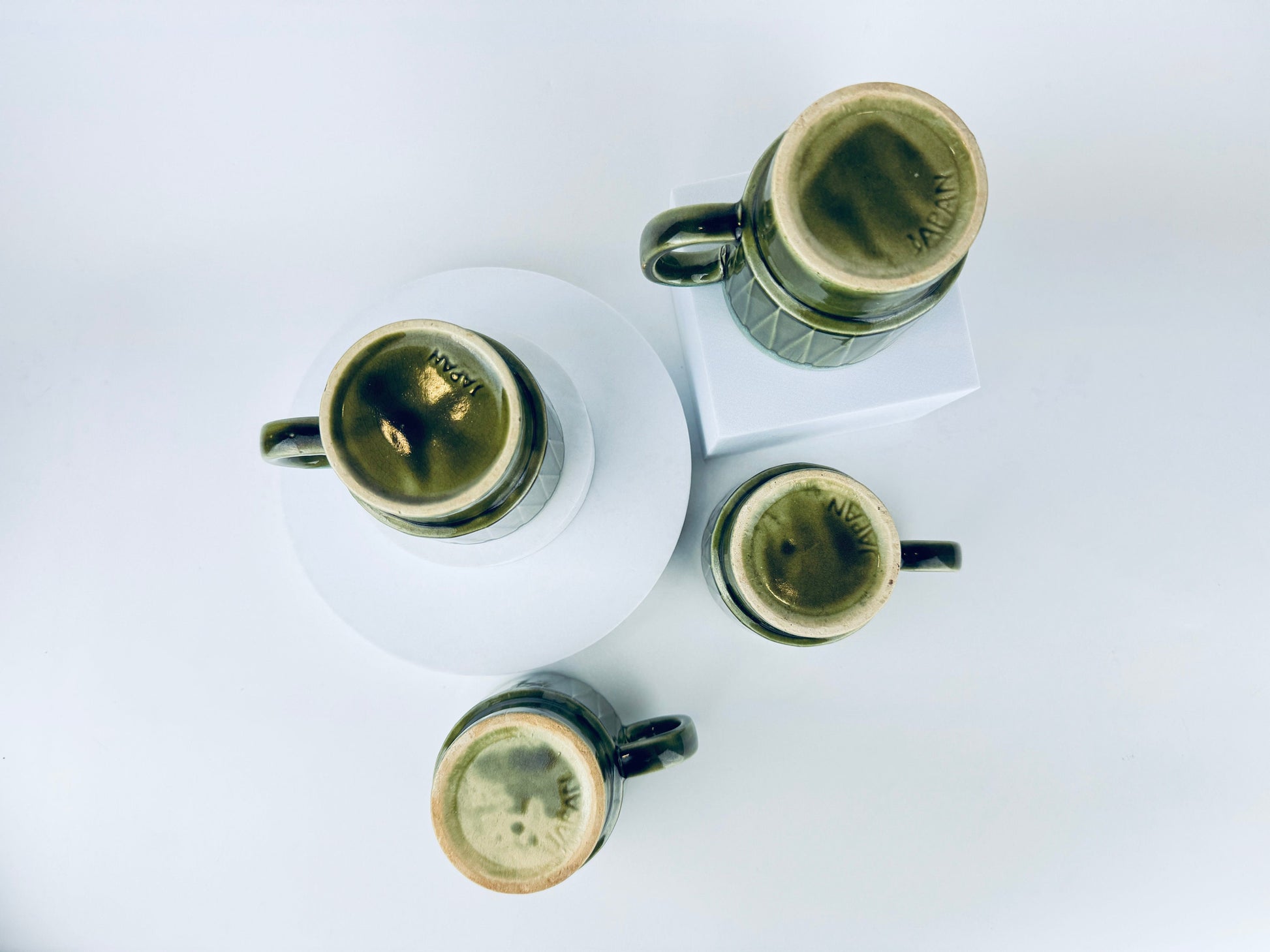 Product image for 'vintage green beige geometric drip glazed ceramic coffee tea mugs set of four 4 sets sold separately made in japan' (view cf1493)