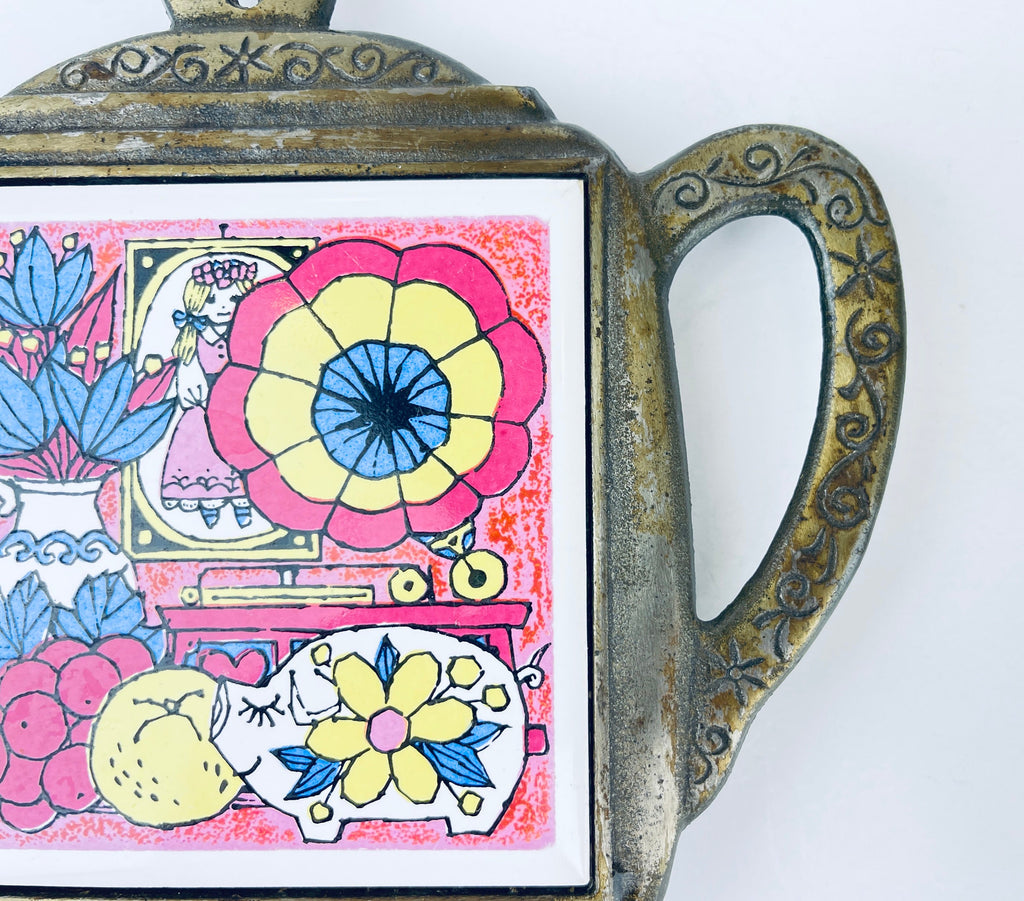 Product image for 'vintage kitsch tea kettle metal ceramic trivet fruit pig scene' (view 81ed3d)