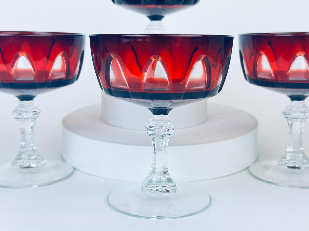 Product image for 'vintage cristal darques ruby red crystal champagne glasses mid century modern barware set of four 4 made in france' (view d9f80b)
