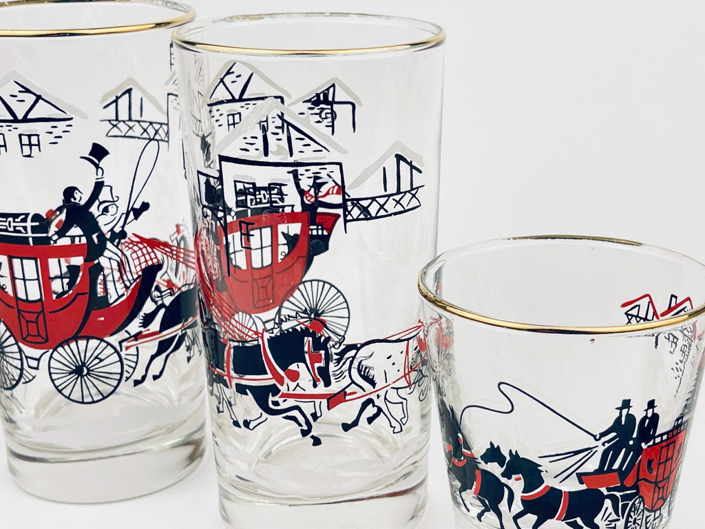 Product image for 'vintage winter stagecoach libbey drinking glasses highball lowball set of four 4 gold rimmed top' (view d5783e)