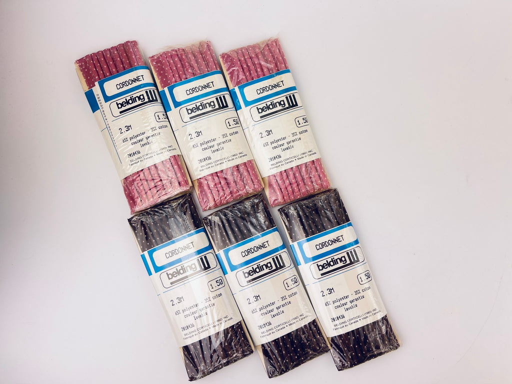 Product image for 'vintage piping tape dark brown pink polka dot pattern made in canada new old stock nos polyester cotton blend' (view 027002)