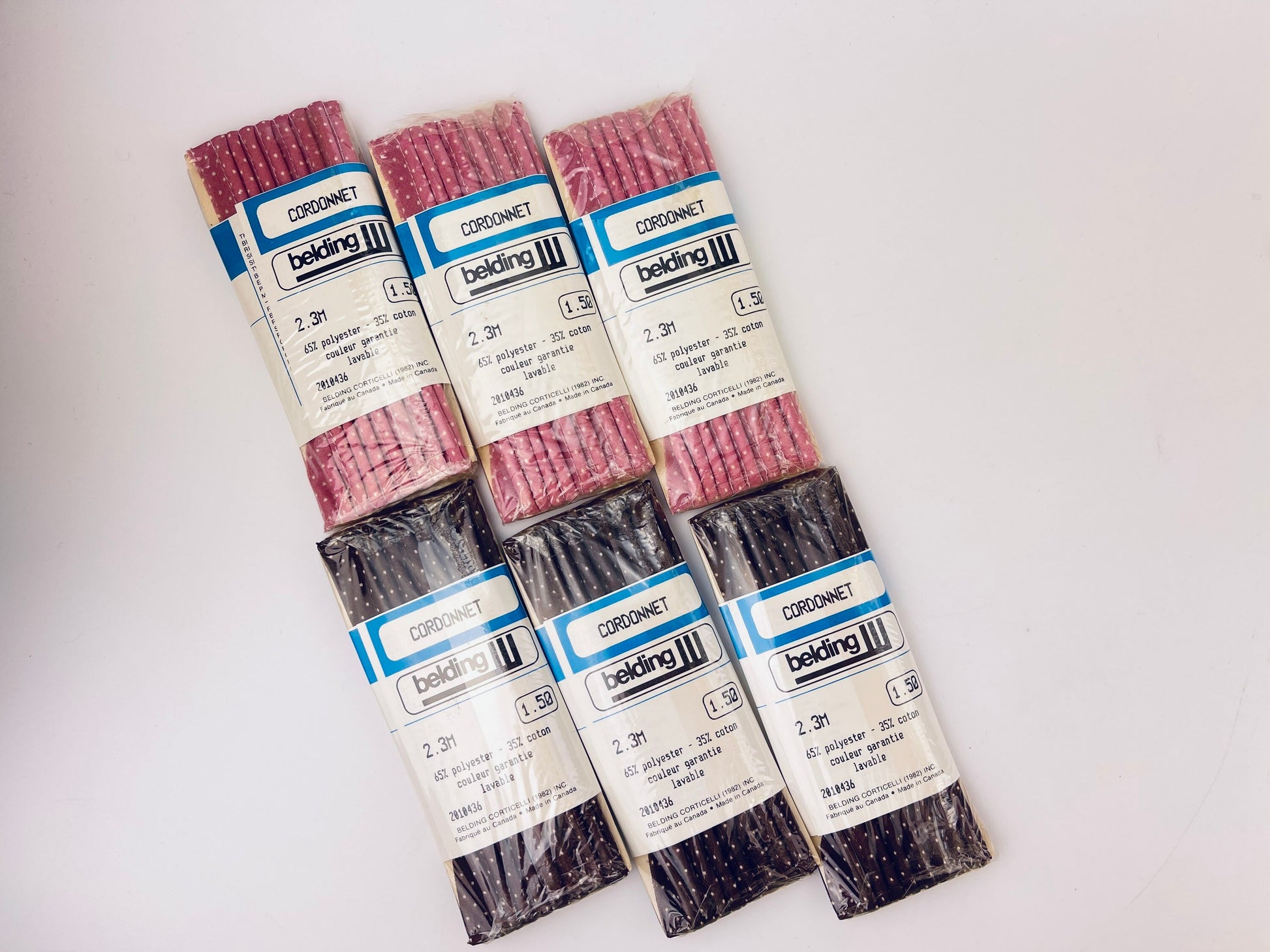 Product image for 'vintage piping tape dark brown pink polka dot pattern made in canada new old stock nos polyester cotton blend' (view 027002)
