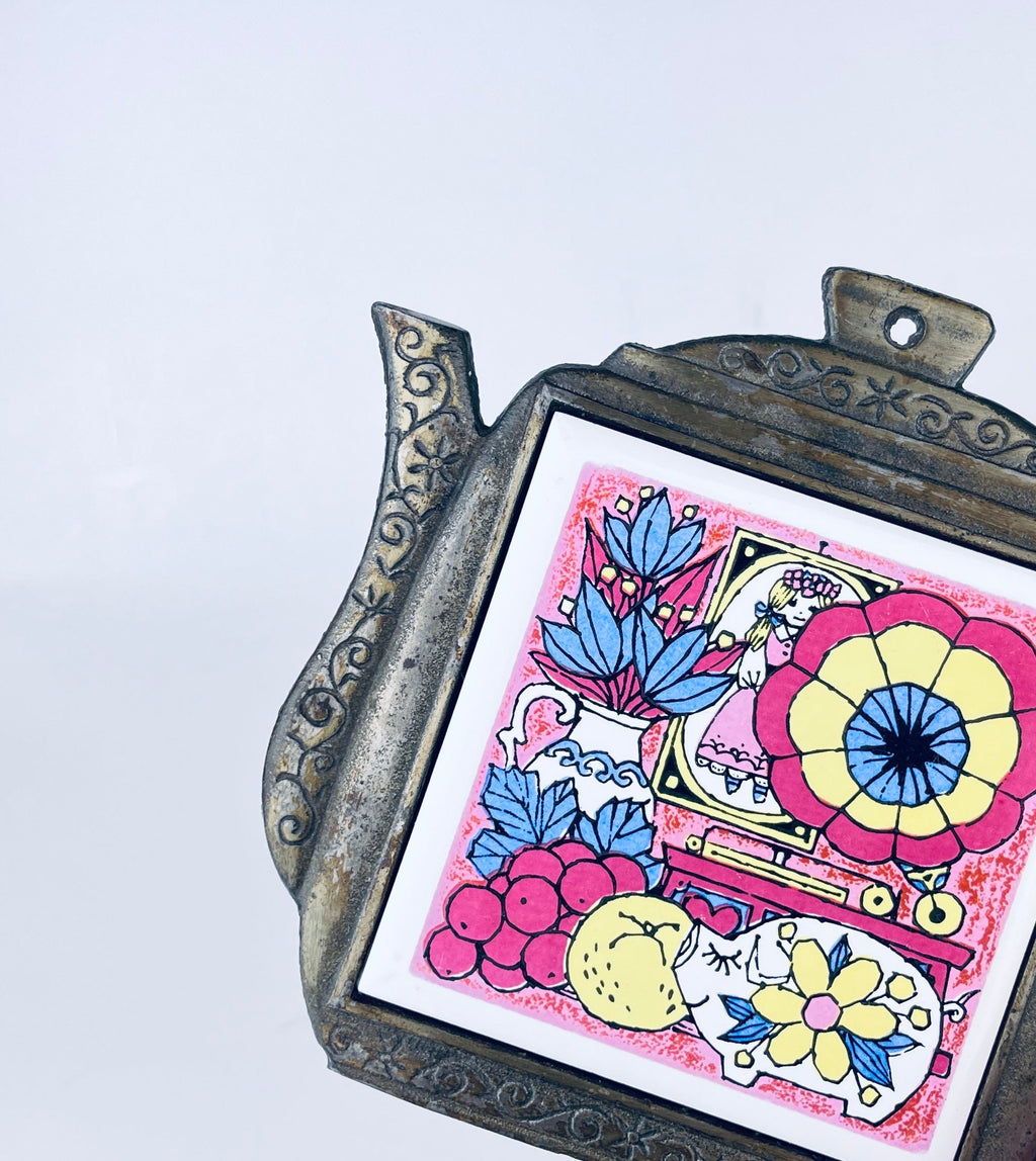 Product image for 'vintage kitsch tea kettle metal ceramic trivet fruit pig scene' (view c2c7d3)