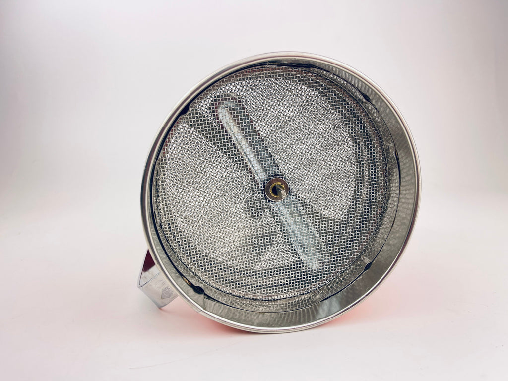 Product image for 'vintage orange metal flour sifter merry mushroom veggie pattern three 3 screen layers new old stock nos' (view 09deac)