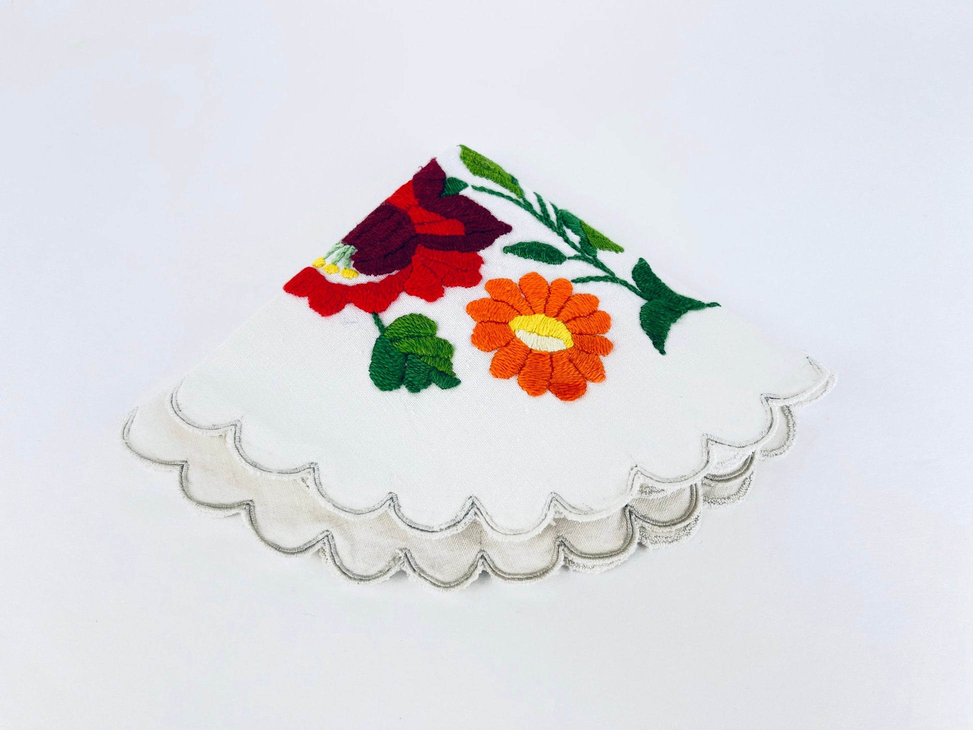 Product image for 'vintage circular scalloped edge folks floral pattern table linen doily' (view d39574)