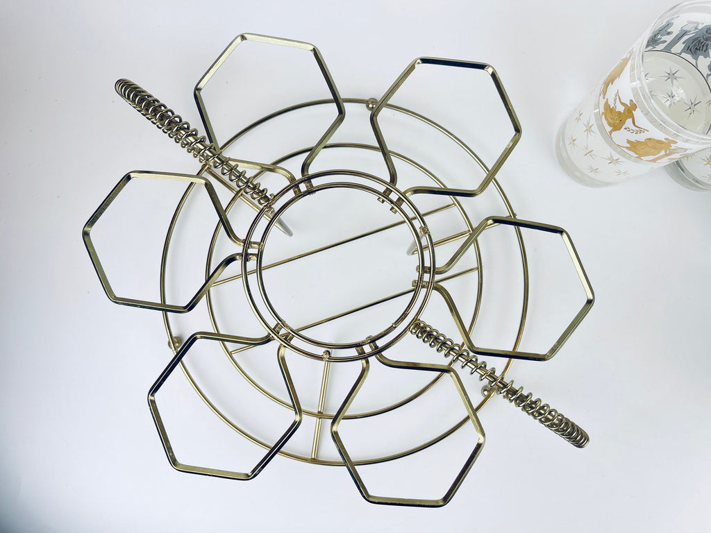 Product image for 'vintage rare aldon frosted white gold grecian gold atomic pattern barware set decanter six glasses barware gift' (view ac0230)