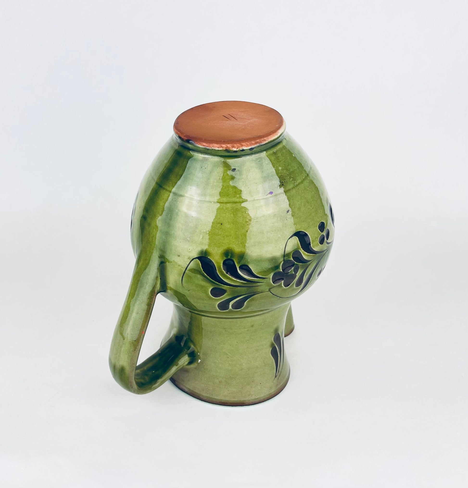Product image for 'vintage hungarian folk green terracotta jug ruffled pour spout honeysuckle pattern' (view e31509)
