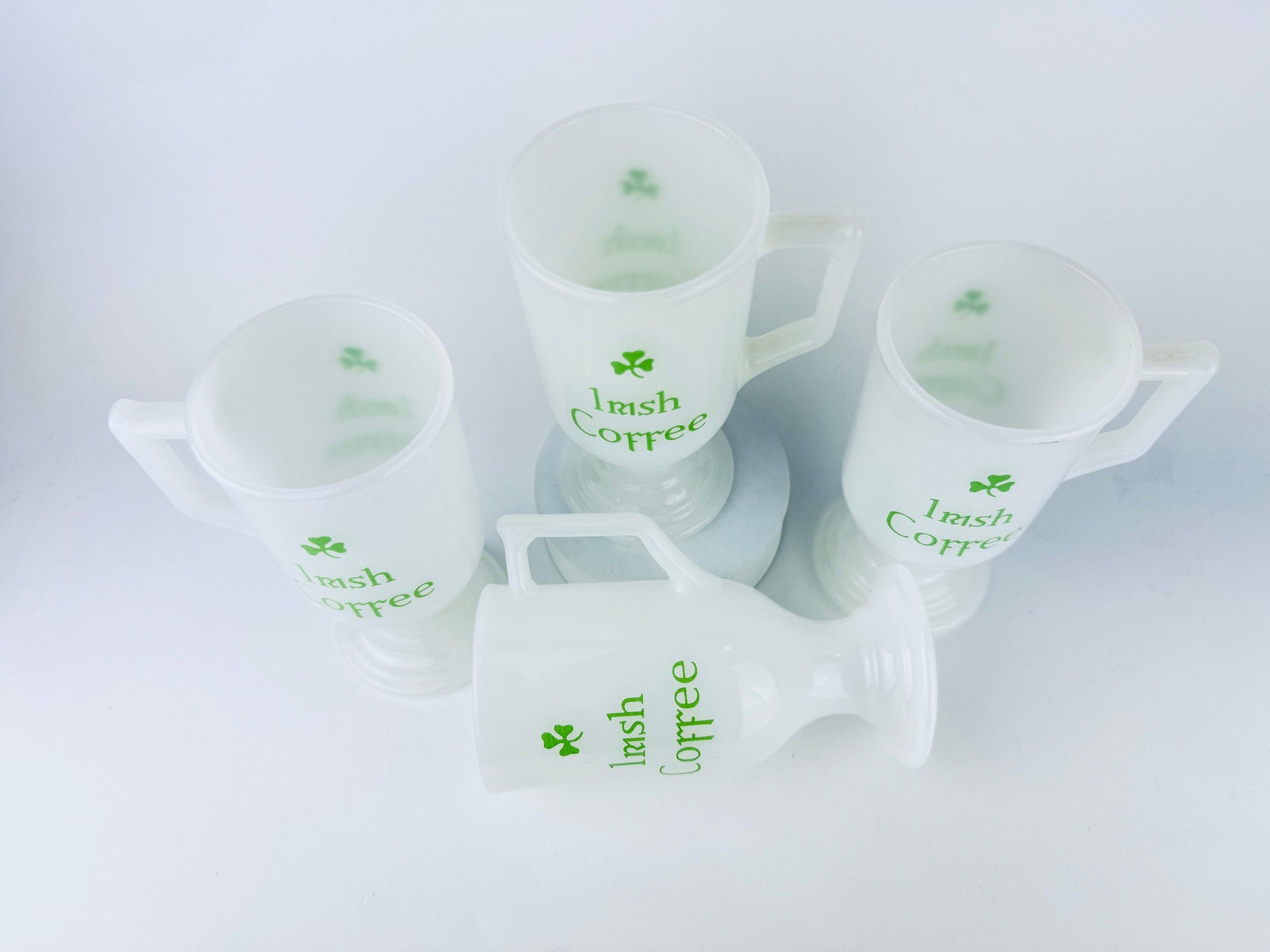 Product image for 'vintage milk glass irish coffee shamrock pedestal mugs set of four 4' (view 23a3ad)