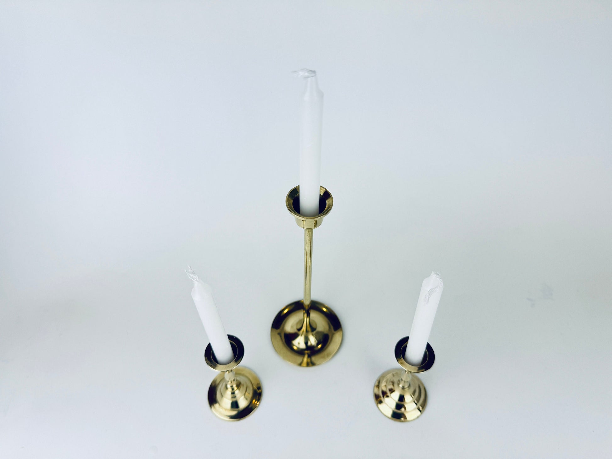 Product image for 'vintage tabletop brass small mini spell prayer candle stick holders mixed lot of three 3 attractive aged metal patina' (view a3f842)