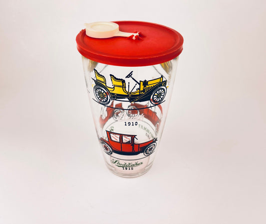 Product image for 'vintage 1970s hazel atlas cocktail shaker with antique car design red plastic lid' (view 4029b7)