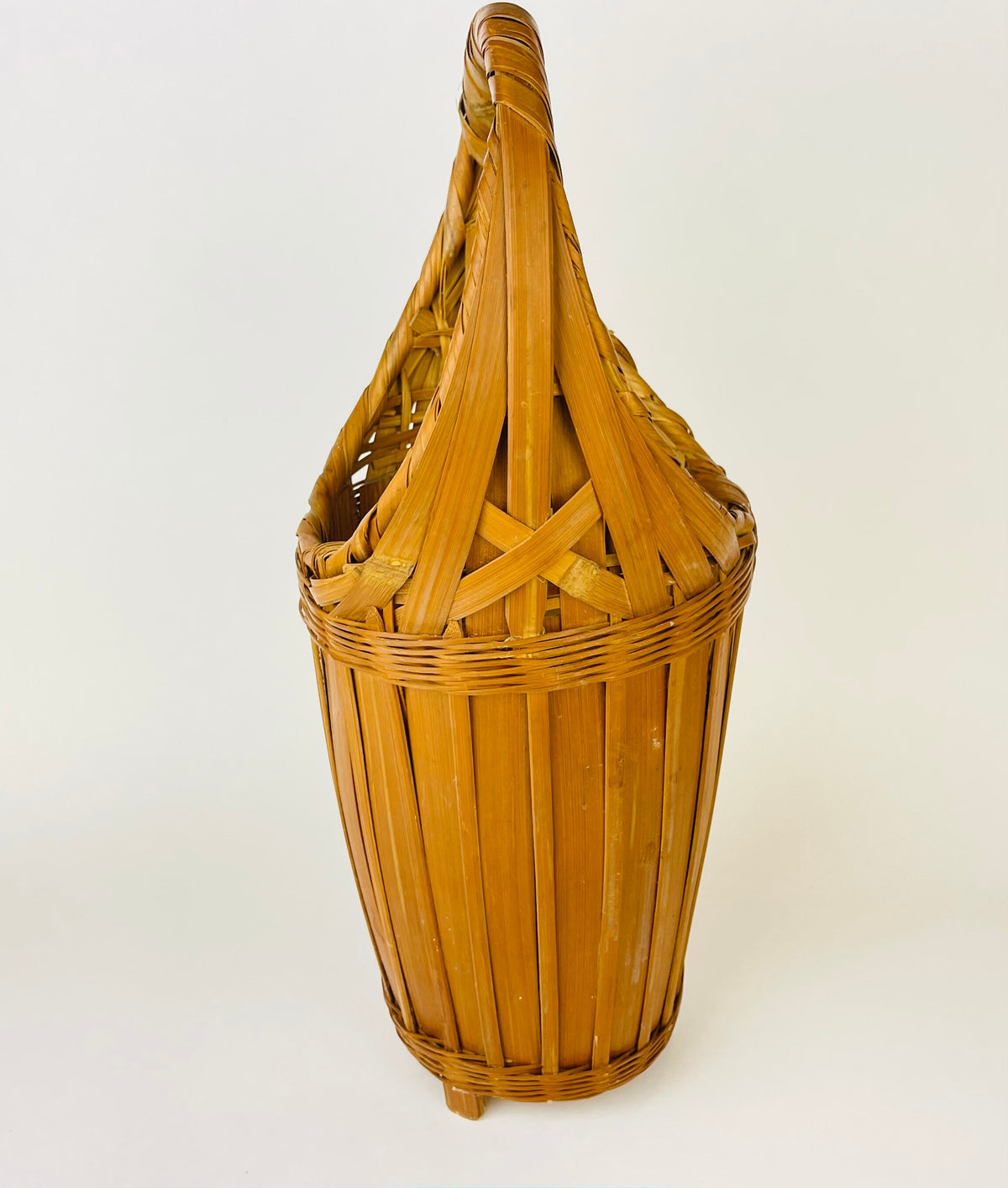 Product image for 'vintage 1970s tall wicker wine basket with pedestal base handle' (view 8ea6bb)