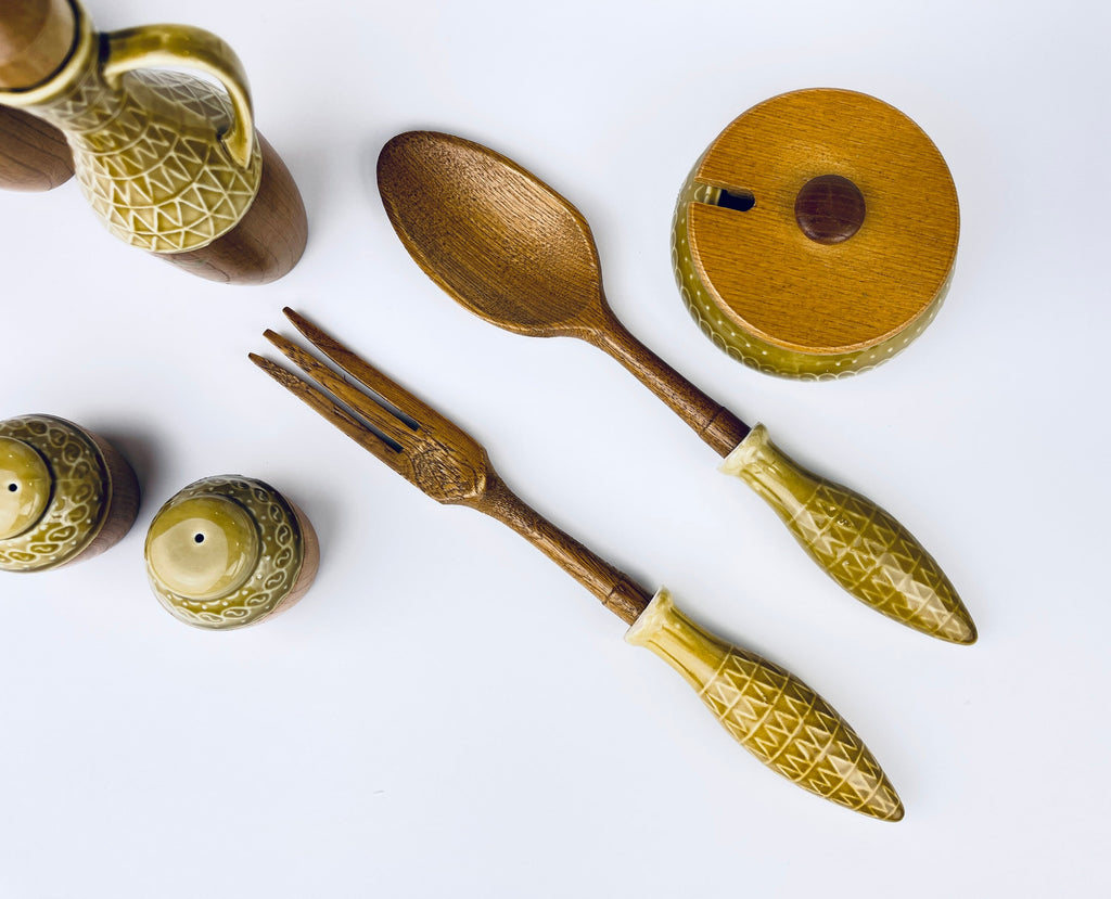 Product image for 'vintage continental condiment table set oil vinegar salt pepper dip fork spoon utensils' (view 0d2a8f)