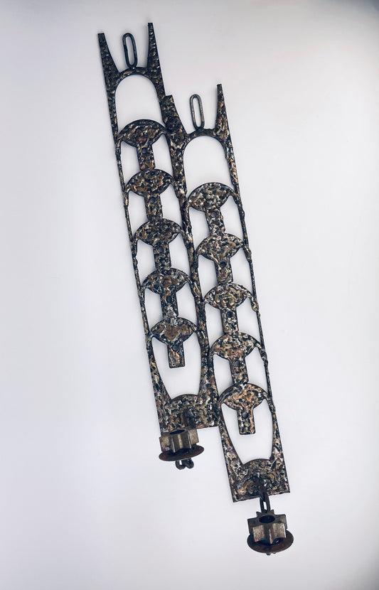 Product image for 'vintage gothic brutalist dual candle wall sconces iridescent patina sculptural ironwork' (view 97ae60)
