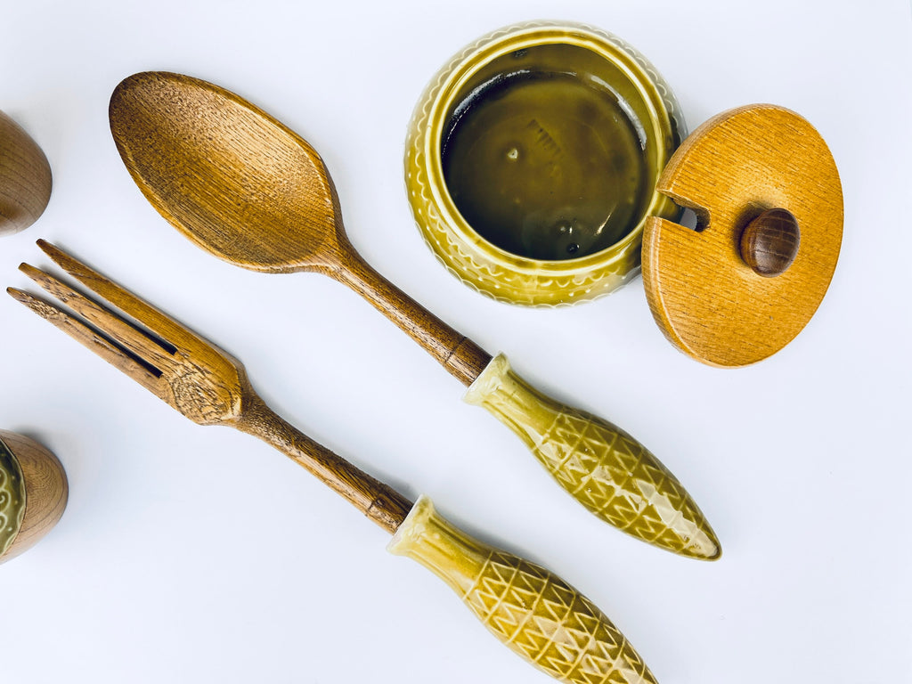 Product image for 'vintage continental condiment table set oil vinegar salt pepper dip fork spoon utensils' (view adf12c)