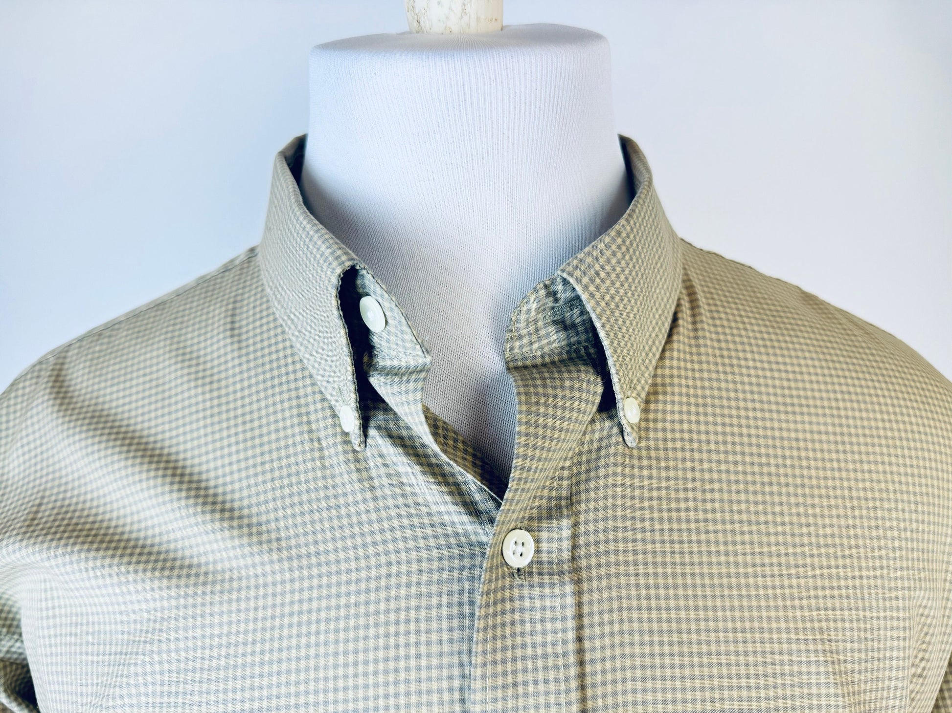Product image for 'vintage geoffrey beene long sleeve button down green grey gingham shirt size 17 32 33 large made in hong kong' (view eb4412)