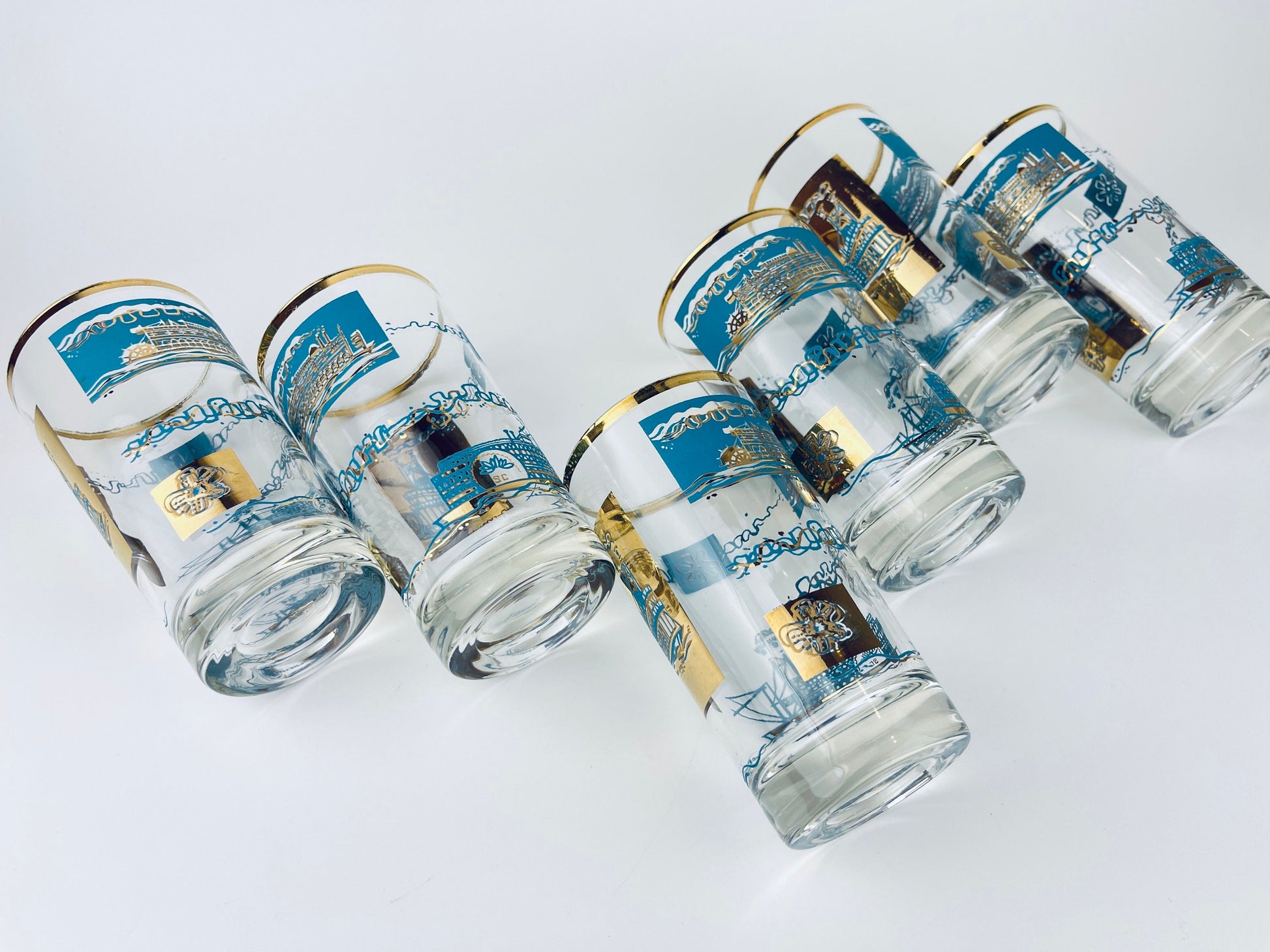 Product image for 'vintage mcm riverboat highball glass barware set set of six 6 22 kt gold aqua teal southern comfort libbey glassware' (view f7f00f)