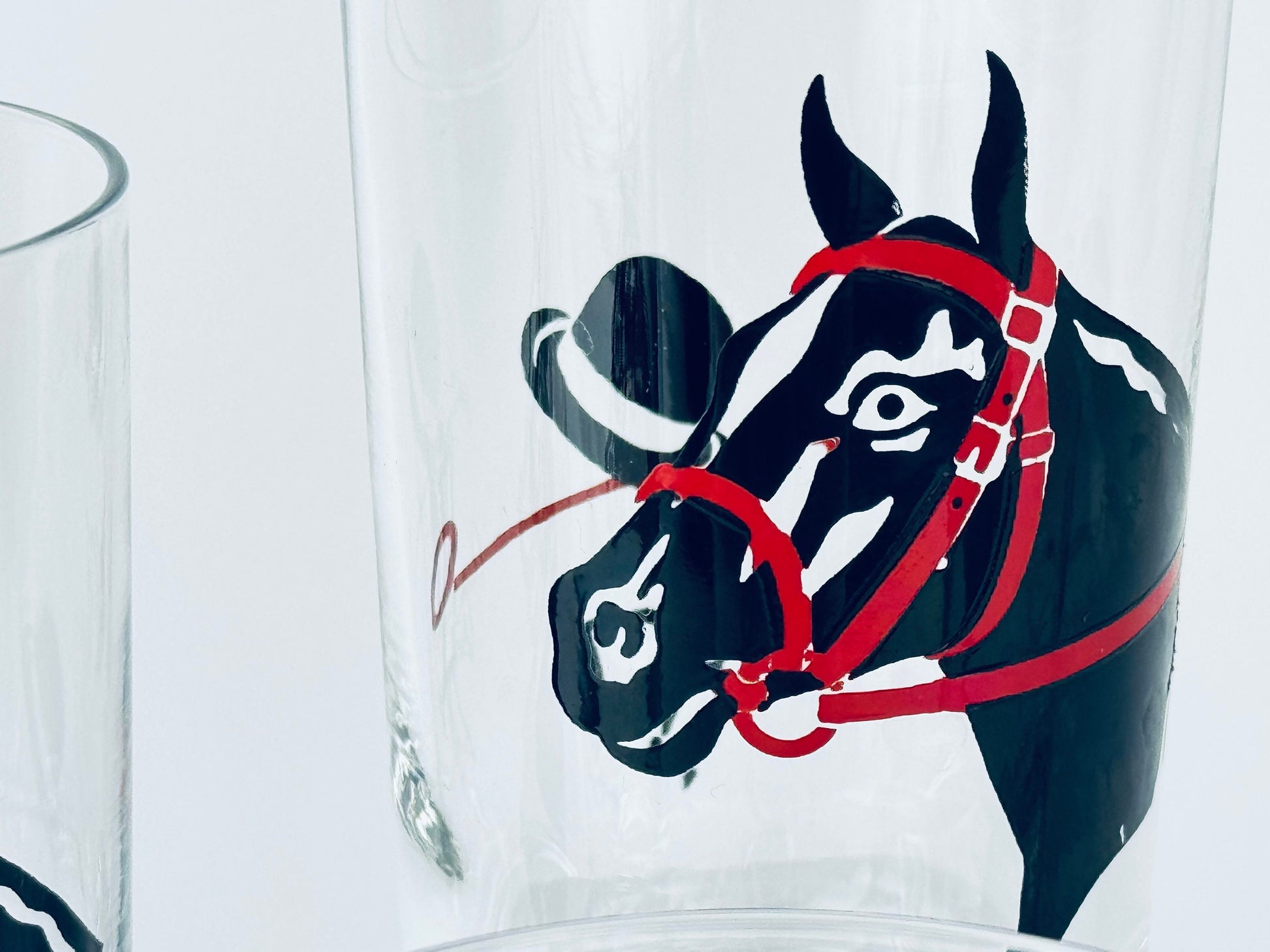 Product image for 'vintage racing kentucky derby hat horse equestrian drinking highball barware glasses federal glass set of five 5' (view 22ee46)