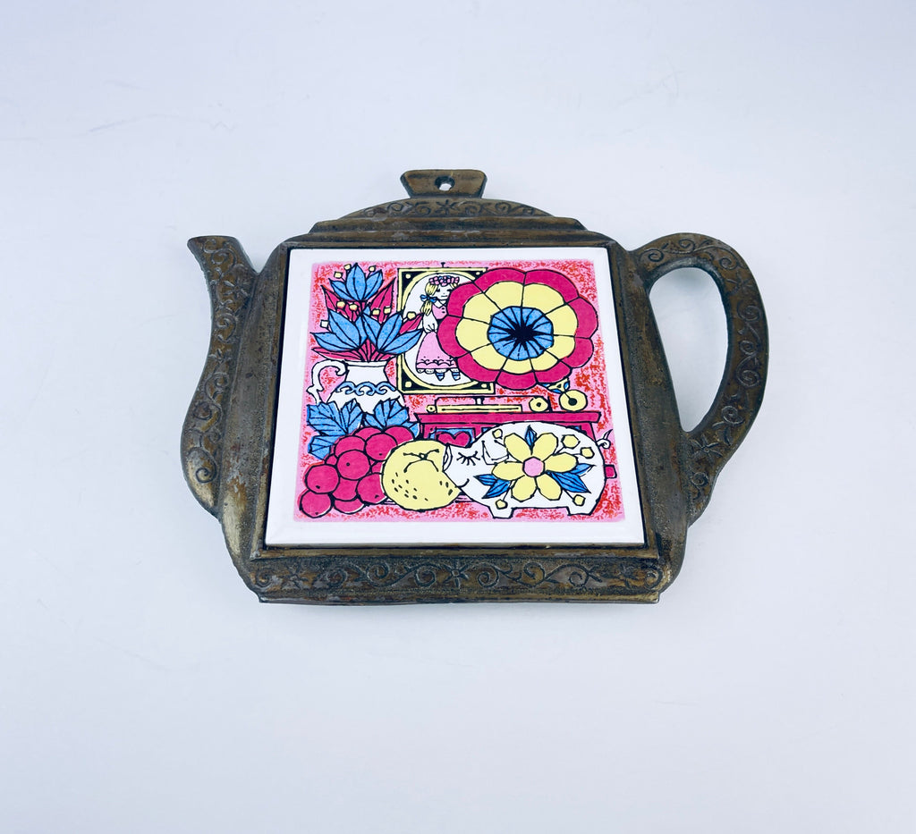 Product image for 'vintage kitsch tea kettle metal ceramic trivet fruit pig scene' (view 475972)