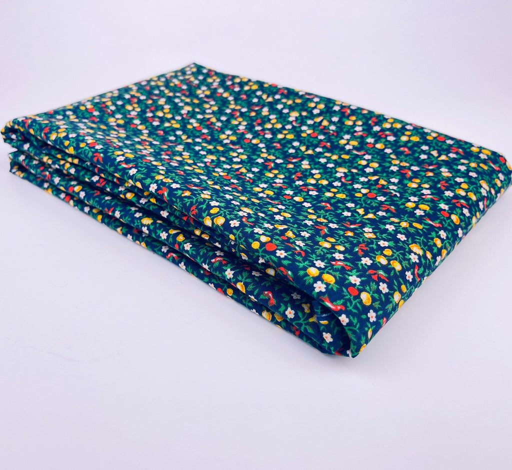 Product image for 'vintage blue green floral fruit polyester fabric 44 75 x 80' (view ca3c02)