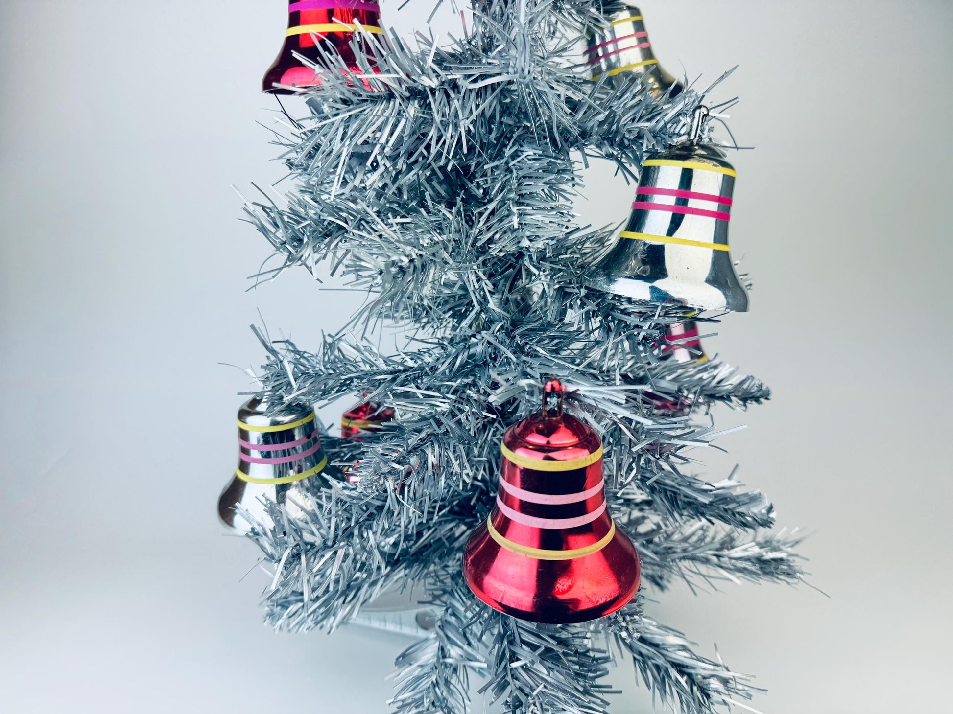 Product image for 'vintage pink silver striped plastic bell christmas tree ornaments set of eight 8' (view 9b878f)