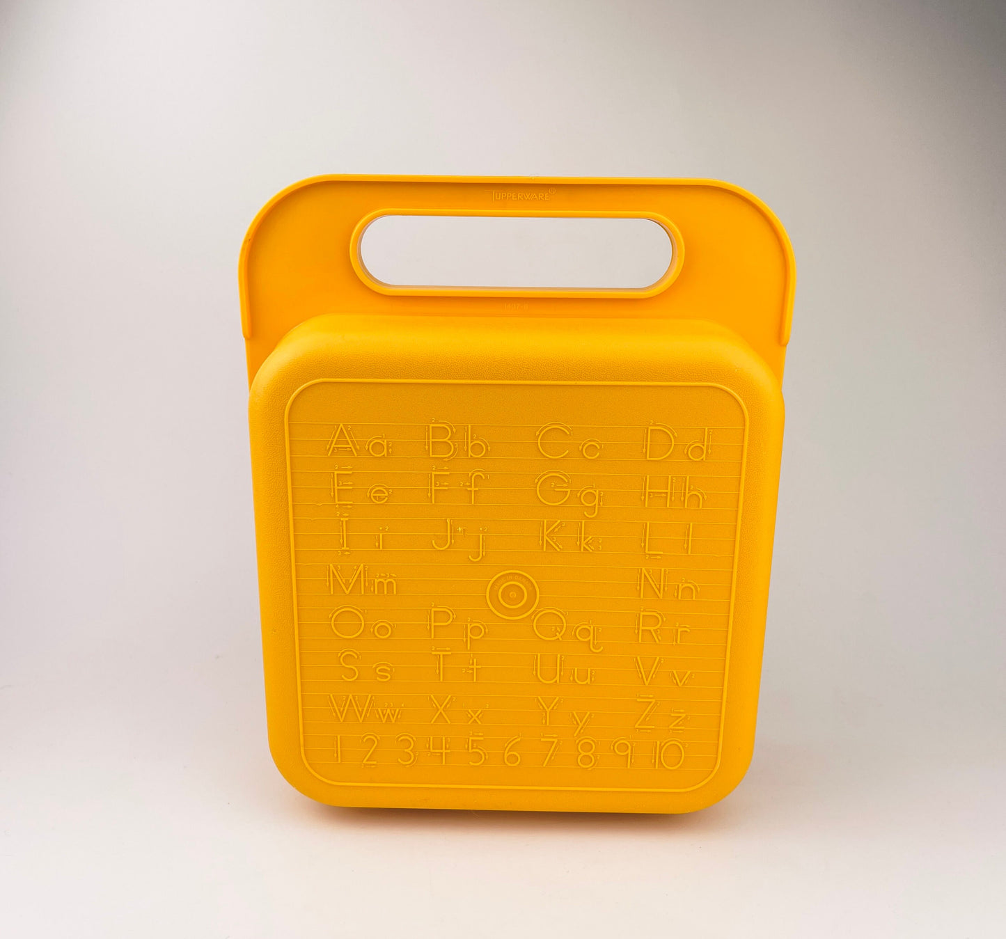 Product image for 'vintage yellow tupperware plastic lunch box made in canada raised alphabet number back kid craft storage box' (view 7faa43)