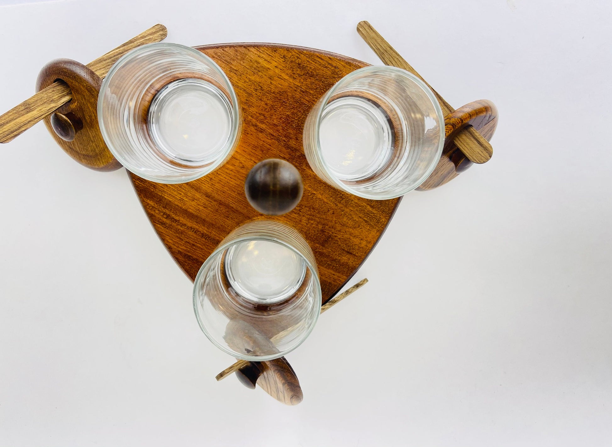 Product image for 'vintage mid century glass condiment caddy set trio of jars with wooden lids spoons' (view caf456)