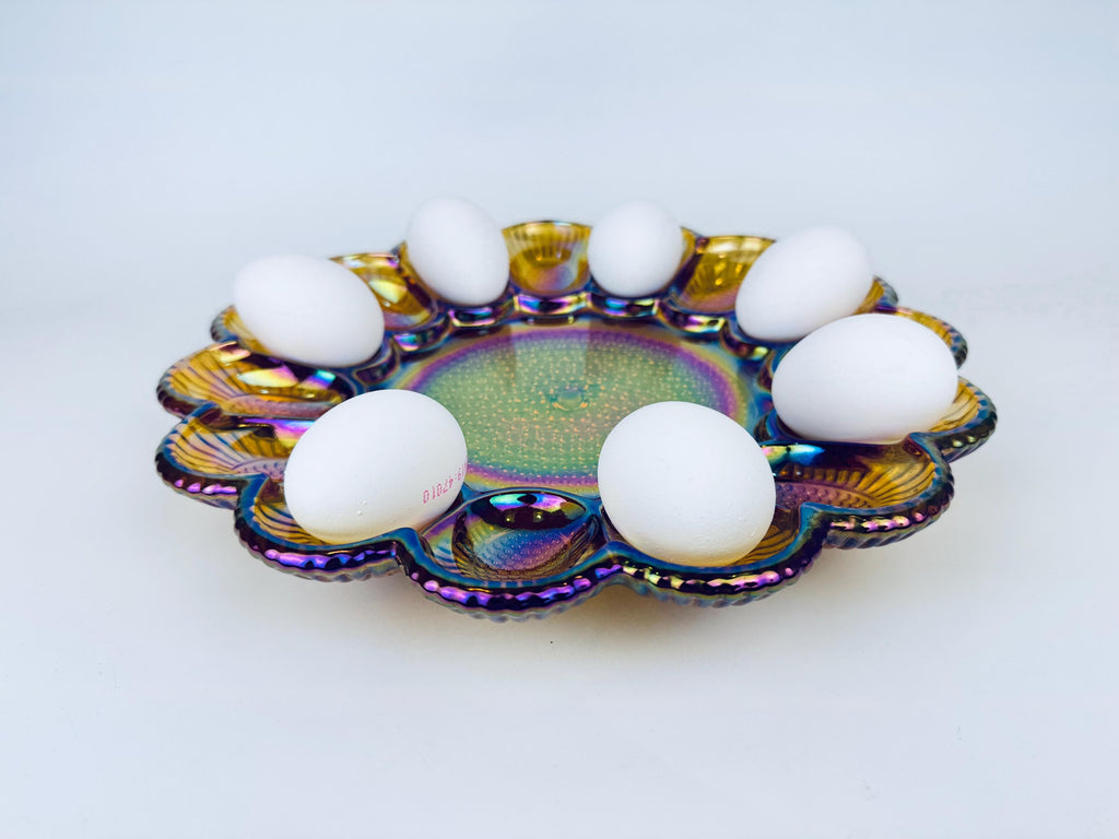Product image for 'vintage carnival glass devilled egg plate scalloped edge hobnail bottom' (view 9428a1)