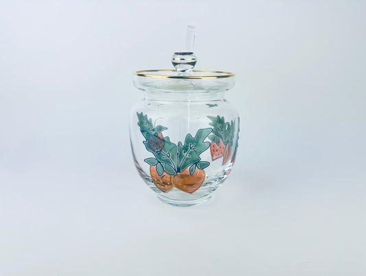 Product image for 'vintage crystal glass embossed strawberry design lidded jam jar made in romania cottagecore decor' (view 0ab4cd)