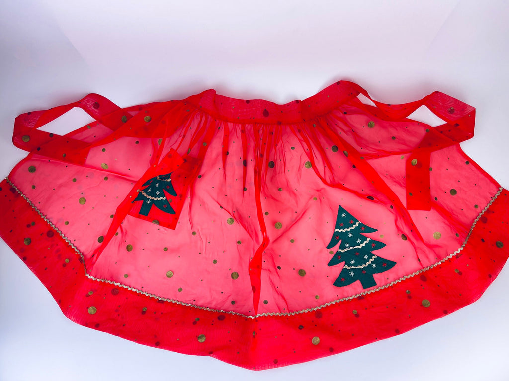 Product image for 'vintage decorative red gold polka dot christmas organza waist apron mcm christmas tree design' (view aa530a)