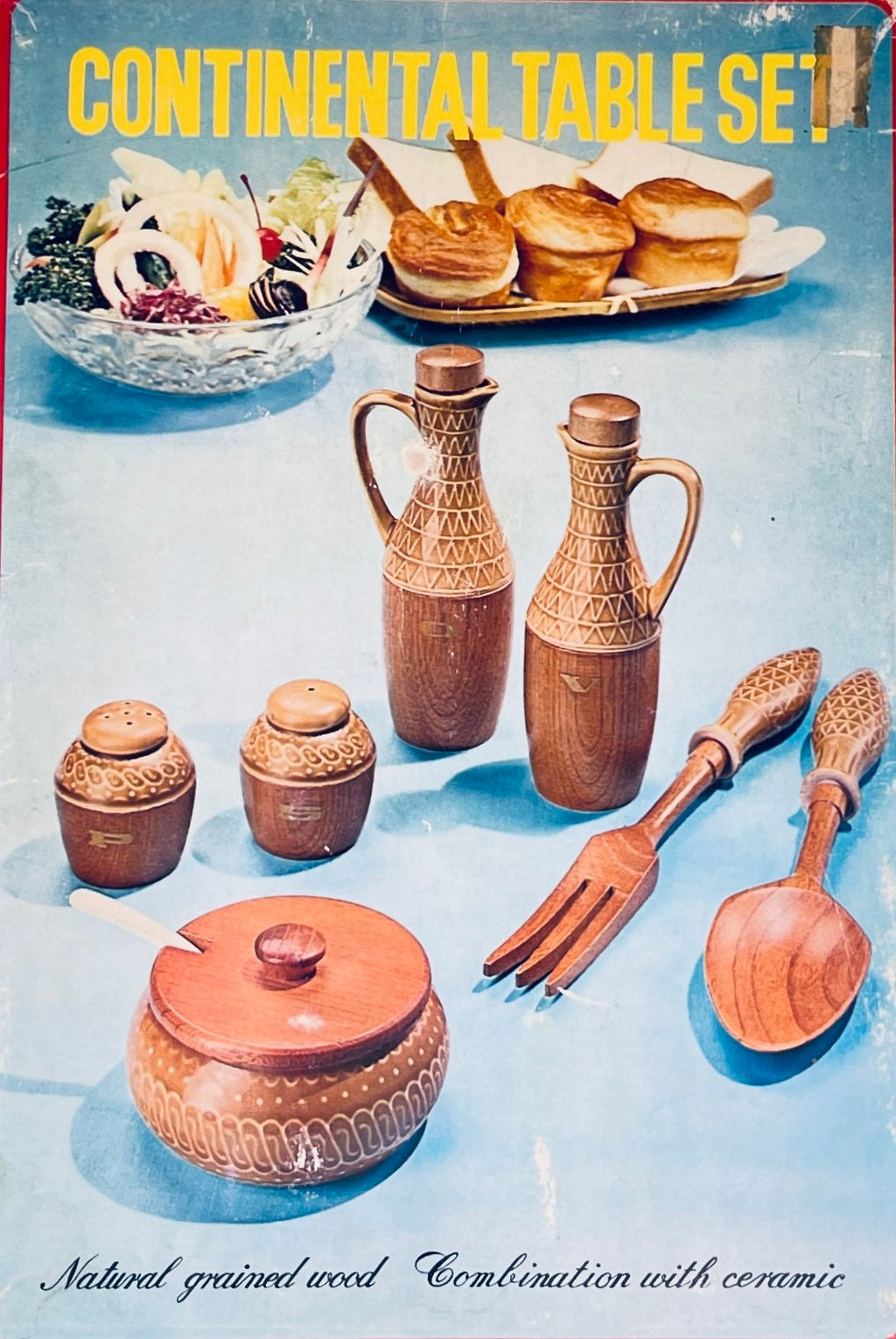 Product image for 'vintage continental condiment table set oil vinegar salt pepper dip fork spoon utensils' (view d48948)
