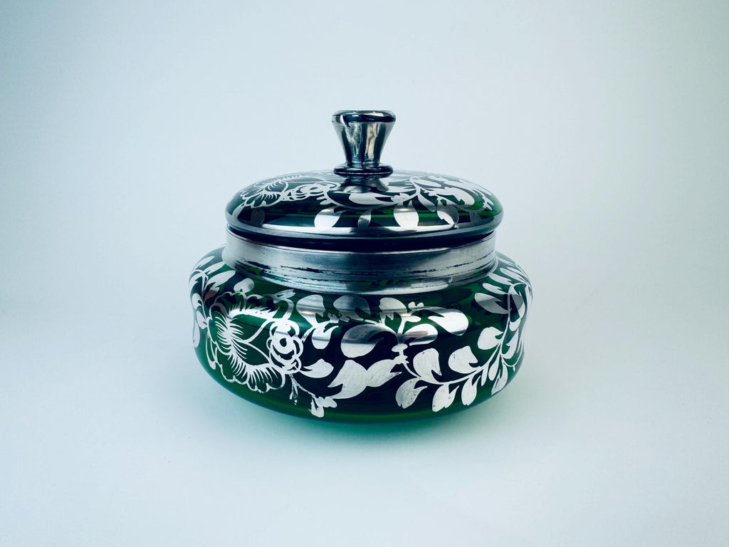 Product image for 'vintage dark forest green lidded glass vanity dresser jar silver floral leaf overlay pattern' (view 3ad971)