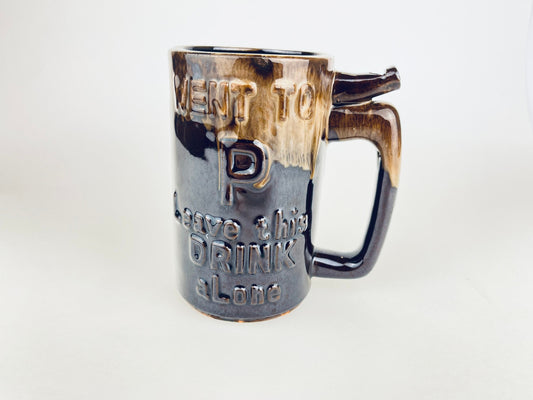 Product image for 'vintage funny beer mug stein drip glazed brown ceramic wet your whistle went to p leave this drink alone' (view 686504)